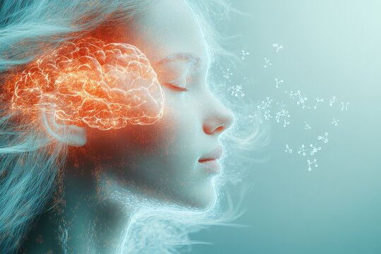 Future cognitive gear Neuroanatomy A serene face with a glowing brain representing mindfulness mental clarity and peaceful reflection in a calm and ethereal environment