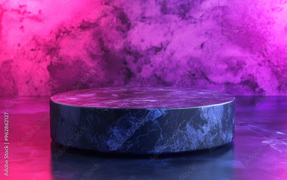 Poster minimalist black marble pedestal with a glass background for product presentation 3d rendering