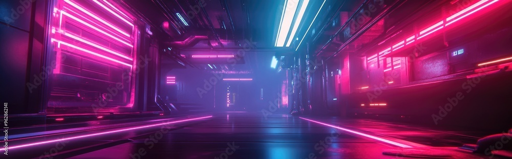 Poster neon lights and beams illuminate a dim space futuristic sci fi glowing effects 3d rendering