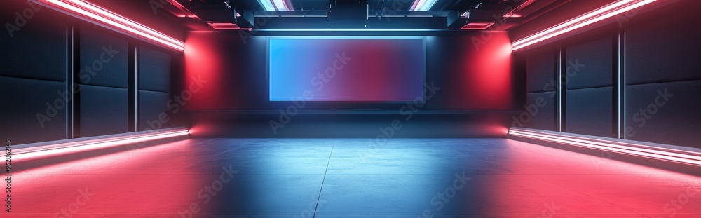 Poster Gray backdrop with LED screen in a news studio setting 3D rendering