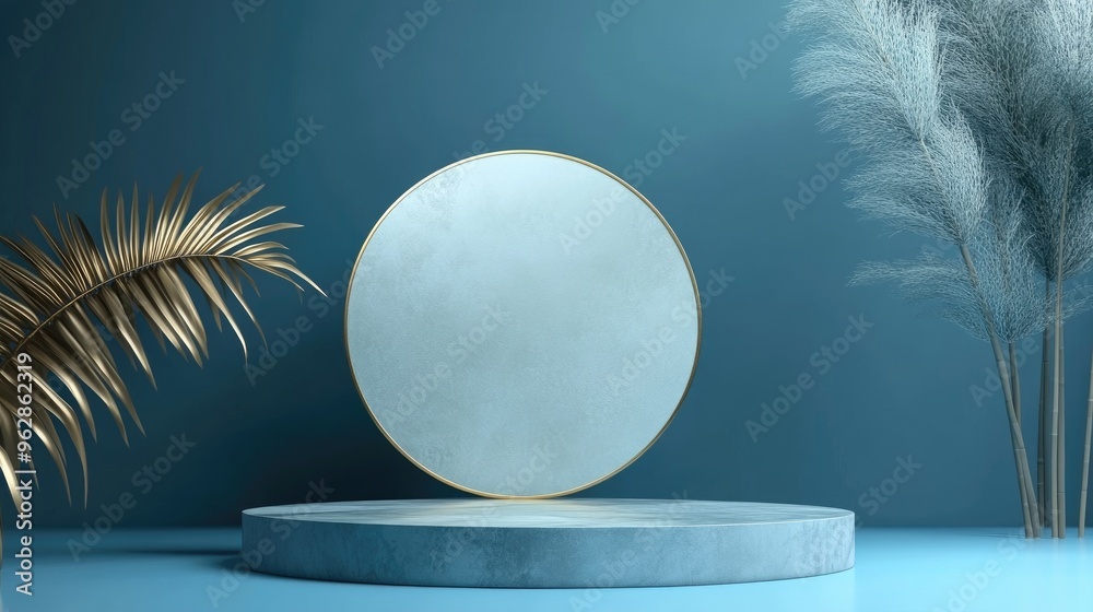 Poster minimalist podium scene with an abstract blue backdrop and geometric shapes 3d rendering