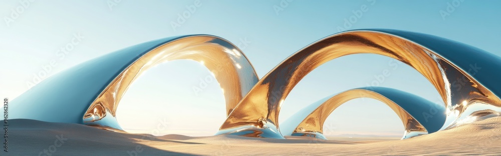 Poster abstract sandy dune cliffs featuring metallic arches under a clear blue sky surreal minimalistic des