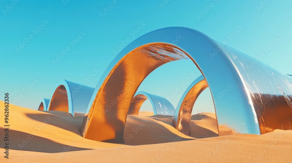 Poster abstract sandy dune cliff featuring metallic arches against a clear blue sky surreal and minimal des