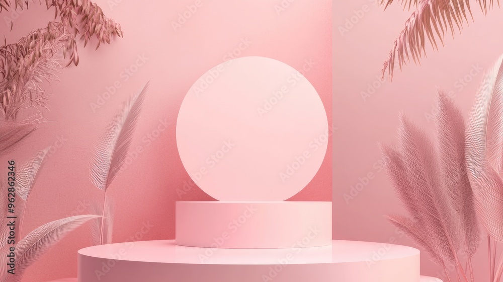 Poster empty podium featuring geometric shapes in a pink pastel composition for a modern stage display and 