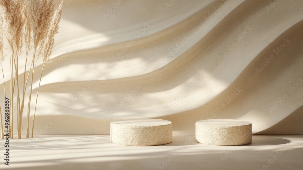 Aufkleber Abstract background featuring cookie shaped podiums with subtle lines on a neutral backdrop 3D rendering