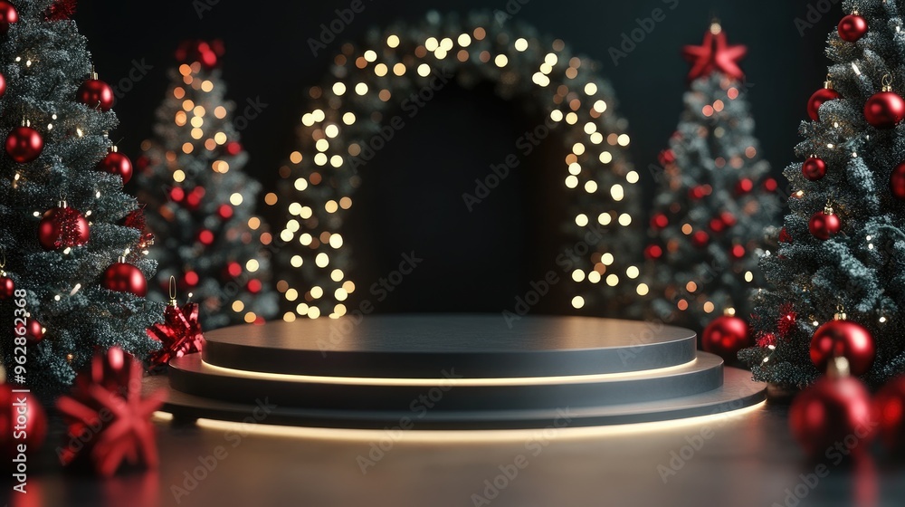 Poster merry christmas holiday themed empty podium space realistic 3d rendering for product showcase