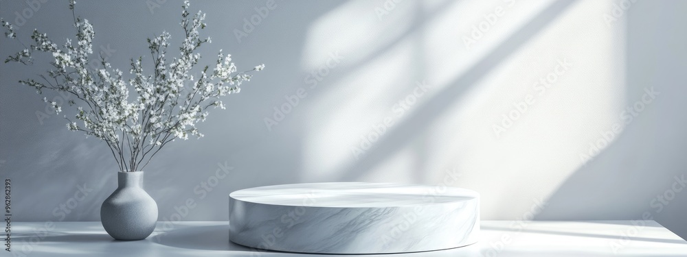 Poster new item displayed on a sleek white pedestal 3d rendering 3d illustration