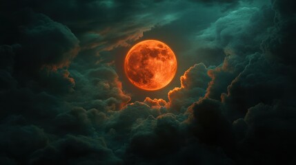 Fototapeta premium An eerie Halloween night with a blood-red moon in a mystical.