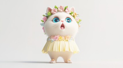 Naklejka premium Trendy Pop Mart Anthro Persian Cat: A Chubby, Lovely Cat in Light Yellow Floral Princess Skirt and Wreath. This adorable anthropomorphic Persian cat figure features bright blue eyes, 
