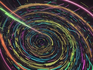Luminous vibrant glow of neon rings, abstract 3d light effect illustration. Magic glowing speed motion spin, glowing swirl trail circles, bright sparkling lines on dark black background