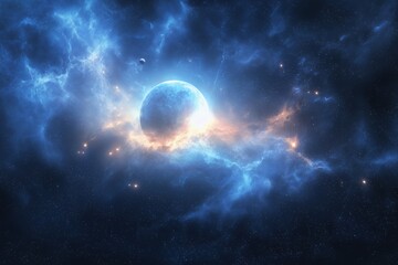 Obraz premium A blue planet in space with bright nebula clouds and stars.