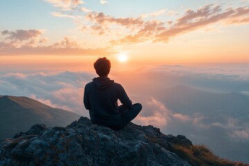 Obraz premium Man meditating on a mountain top at sunset above the clouds