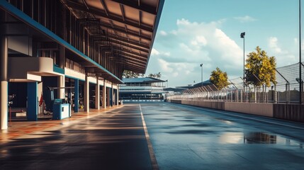 Race Track Garage with Wet Pavement