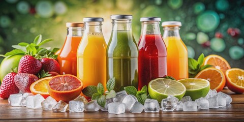 Bottles of refreshing fruit juice with ice cubes on a table with various fresh fruits in the background, juice, drink, beverage