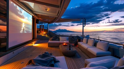 Luxury Yacht Sunset Movie Night Relaxing on Deck with Stunning Ocean Views