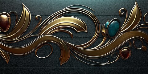 Intricate gold swirls and jewels on a dark background.