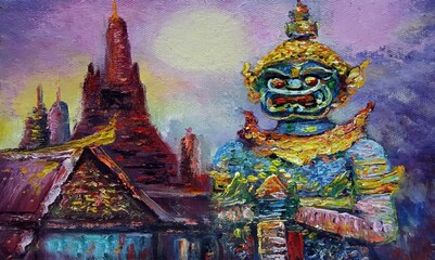 Fototapeta premium hand painted original impressionism art painting oil color giant statue grand palace from thailand 