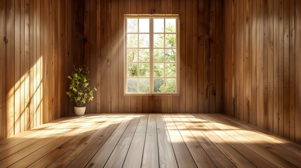 Rustic Wooden Room with Sunlight Streaming Through Window