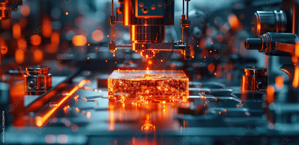 Poster digital 3d casting machine making metal in action, modern, futuristic, abstract, dark environment. g