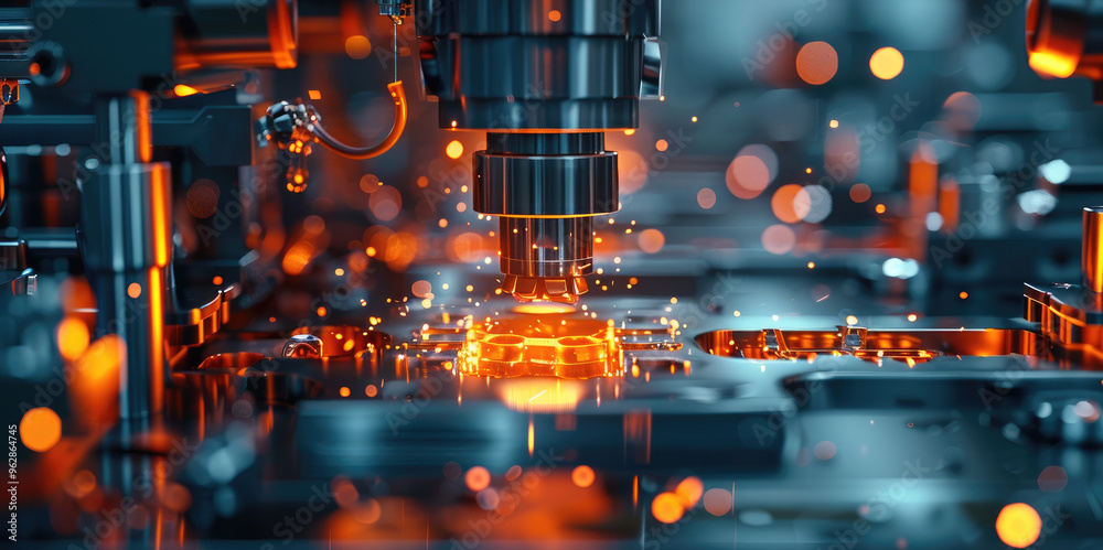 Poster digital 3d casting machine making metal in action, modern, futuristic, abstract, dark environment. g