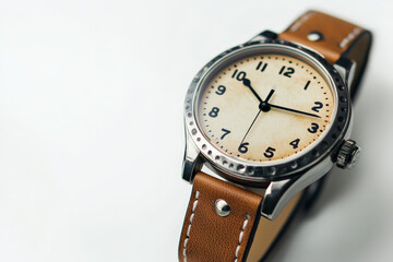 Fashionable wristwatch on white background, close-up detail
