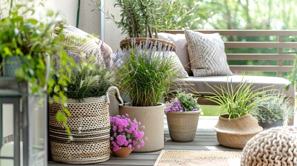 Cozy Balcony Decor with Potted Plants and Wicker Baskets