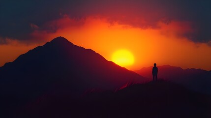 Silhouetted Figure Admires a Mountain Sunset.