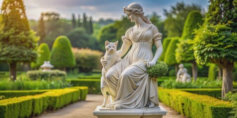 Obraz premium Marble statue of a beautiful lady and her cat in a formal garden, marble, statue, lady, cat, formal garden, sculpture, elegant