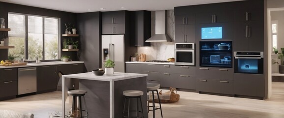  concept of the Internet of Things with an image of a smart home, featuring various connected devices and appliances, shot from a low angle with a wide-angle lens