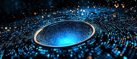 A mesmerizing abstract digital landscape featuring a vibrant blue vortex in a cosmic setting filled with sparkling lights.