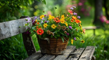 Vibrant Summer Flowers in a Basket on a Wooden Bench