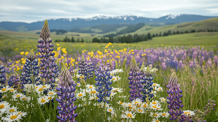 A vibrant photo of a meadow filled with pastel-colored lupines and daisies, with rolling hills in the background