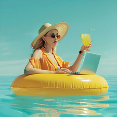 An attractive girl in a hat with a cocktail in her hands works at the computer, sitting on an inflatable ring at the sea, generation ai
