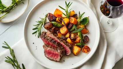 A beautifully plated steak with roasted vegetables and a glass of red wine served on a white table setting during a cozy dinner