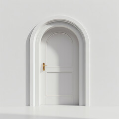A white arched door with a gold handle, set against a white wall. Sunlight casts a shadow across the door.