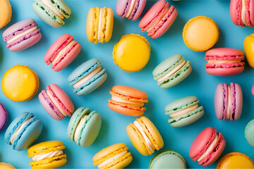 Colorful macarons on a blue background, generation ai