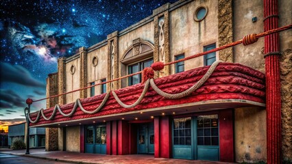 Fototapeta premium Crimson rope dancing across the facade of a vintage movie theatre with distressed paint and vintage signage under a starry night sky.