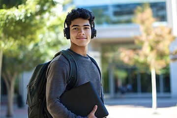 Confident student walking in city with laptop and headphones, embracing modern learning outdoors. Latino teenager embodies potential of younger generation, blending tech and education seamlessly