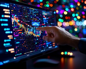 A close-up of a hand interacting with a vibrant financial graph on a screen, showcasing data analysis and technological innovation.