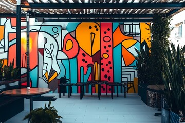 Colorful abstract mural on a patio wall with plants and tables.
