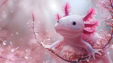 Cute pink axolotl swimming in pink water. Cute reptile, generation ai