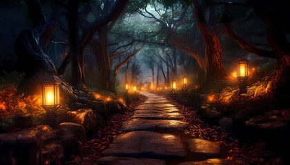 A spooky forest path lit by flickering lanterns
