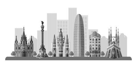 Naklejka premium Barcelona landmarks and cityscape. Spain capital skyline background for postcard, banner, poster. Spanish world famous architectural sightseeing. Graphic flat vector illustration in white-gray colors.