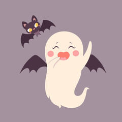 Cute Halloween ghost batman character with bat, spooky expression creature. Funny scary magic kawaii demon, mystery creative nowadays vector clipart