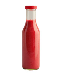 Glass bottle with red liquid and red cap on white background