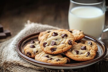 A plate of freshly baked homemade cookies, golden brown with melted chocolate chips, sitting on a rustic wooden table with a glass of milk beside them-gigapixel