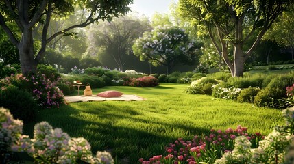 Obraz premium Tranquil Garden Scene with Picnic Blanket and Lush Greenery