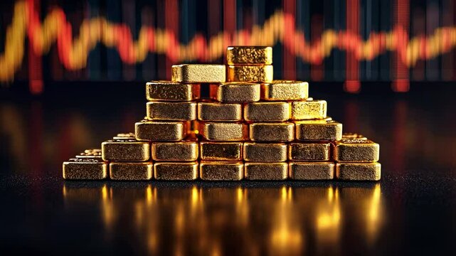 A digital financial chart background with a pyramid of shimmering gold bars that emphasizes investment, wealth, and the volatile value of precious metals.