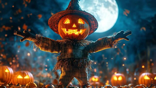 A mysterious scarecrow stands in a pumpkin-filled field under a glowing full moon, surrounded and flying autumn leaves.
