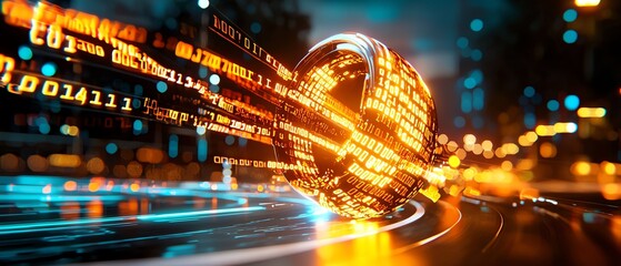 Dynamic digital globe with glowing data streams, representing modern technology and global connectivity in an urban night scene.